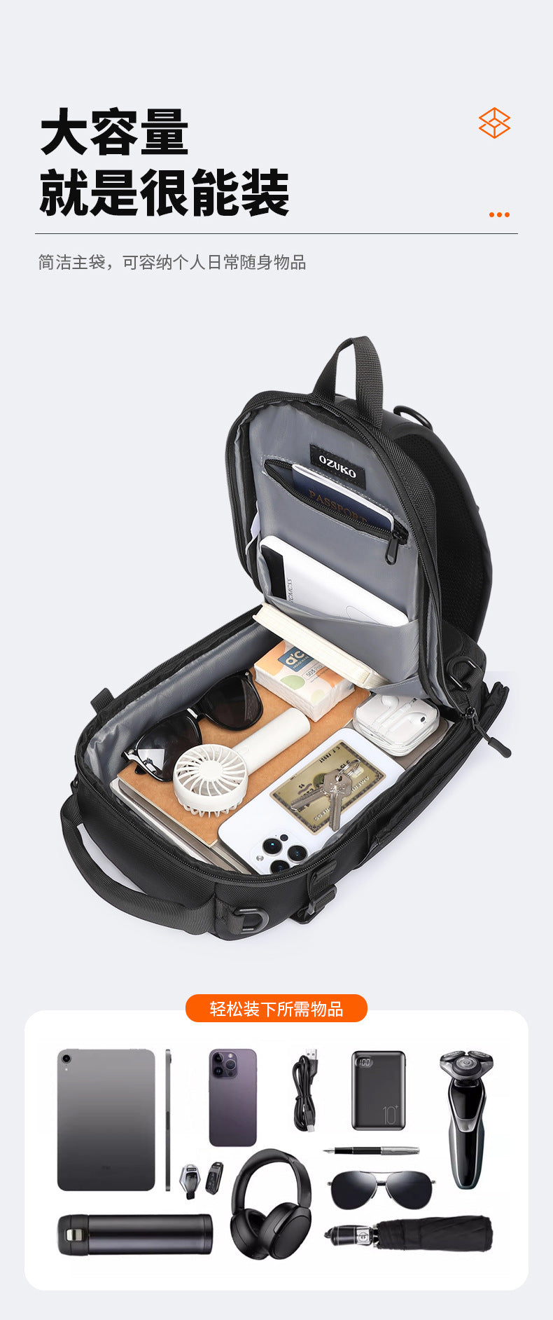 OZUKO Men's Chest Bag Waterproof Multifunctional Crossbody Bag Trendy Portable Small Backpack Large Capacity Single Shoulder Men's Bag