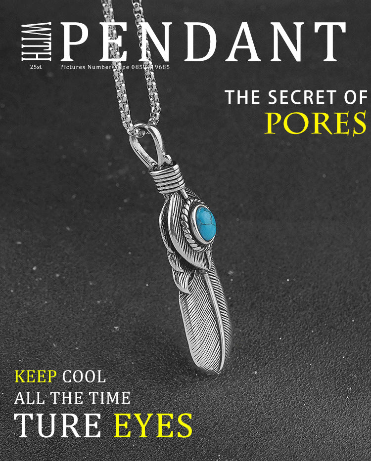 New Takahashi Goro Feather Stainless Steel Men's Necklace Vintage Inlaid Turquoise Titanium Steel Pendant Direct Manufacturer