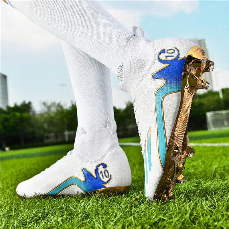 Gold-Plated Sole Men's Football Shoes with Studded Spikes AG Long Spike Shoes for Older Children, Middle and High School Students, Adults, Competition Training Sports Shoes