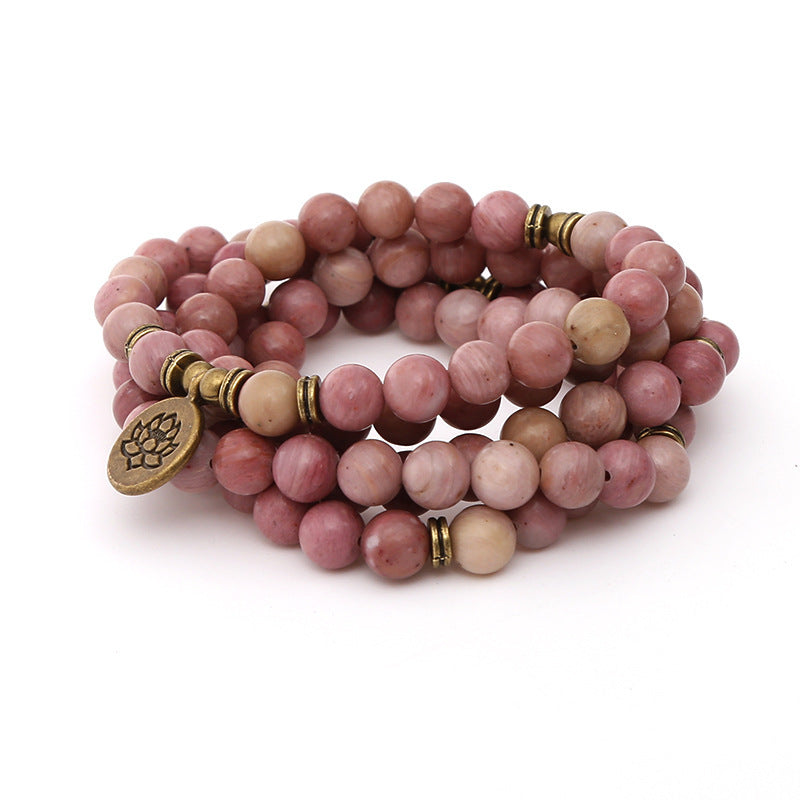 Mahogany Grain Long Bracelet for Men8mm Natural Stone108Beaded Knotted Lotus Pendant Long Bracelet