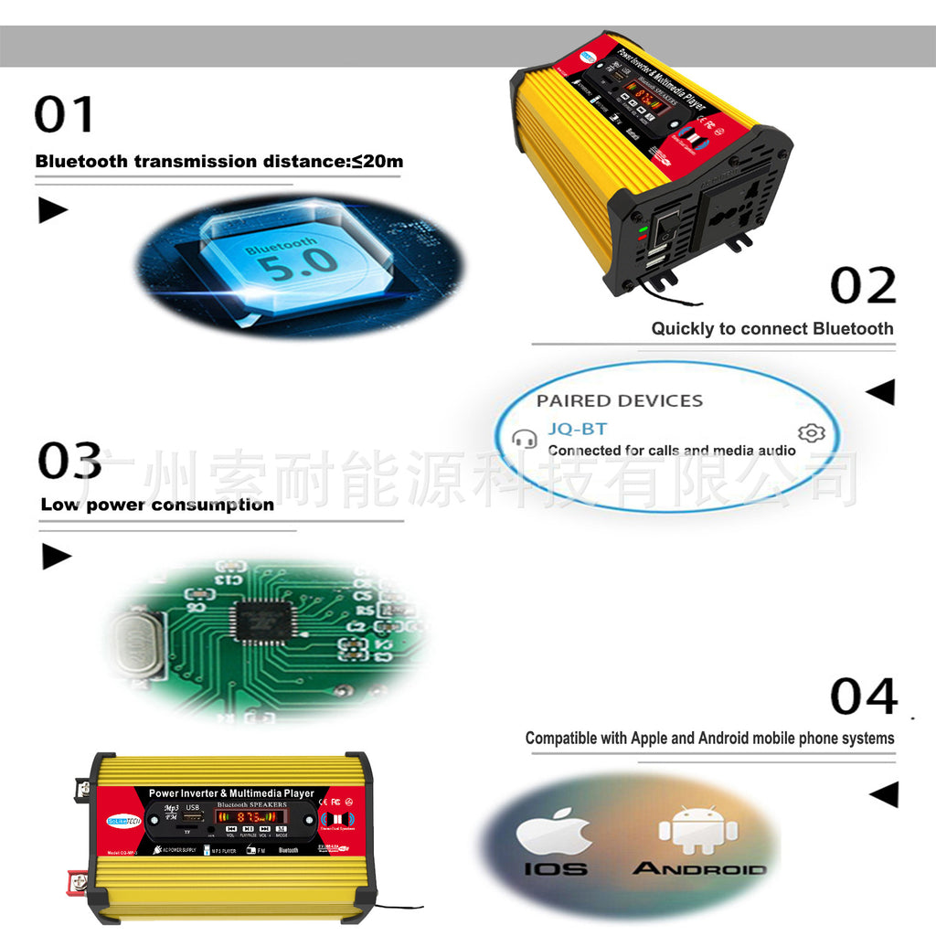 Inverter with multimedia player Bluetooth MP3/FM Function 12V Turn110V/220V inverter