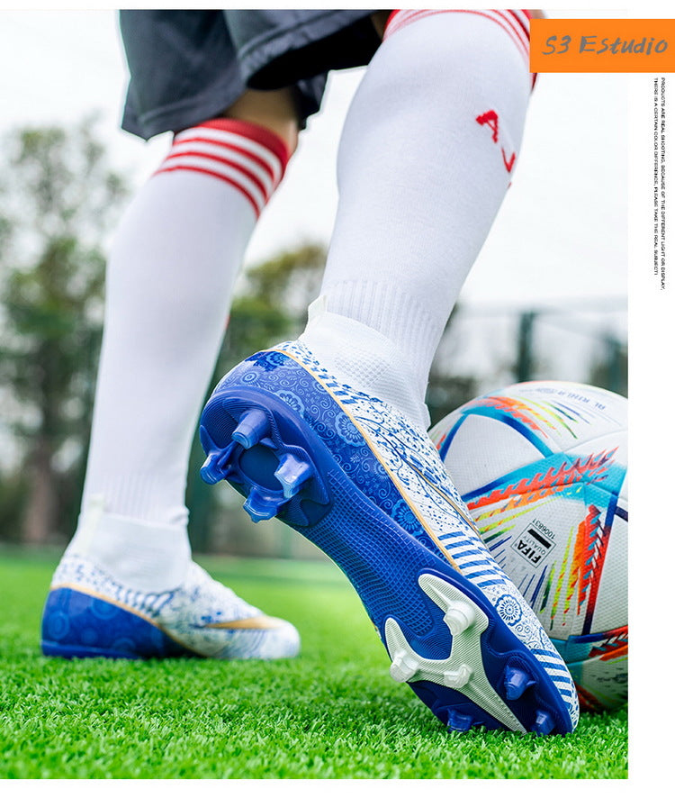 World Cup Same Style Blue and White Porcelain High-top Soccer Shoes for Men and Women, Children and Youth Competition Training Shoes