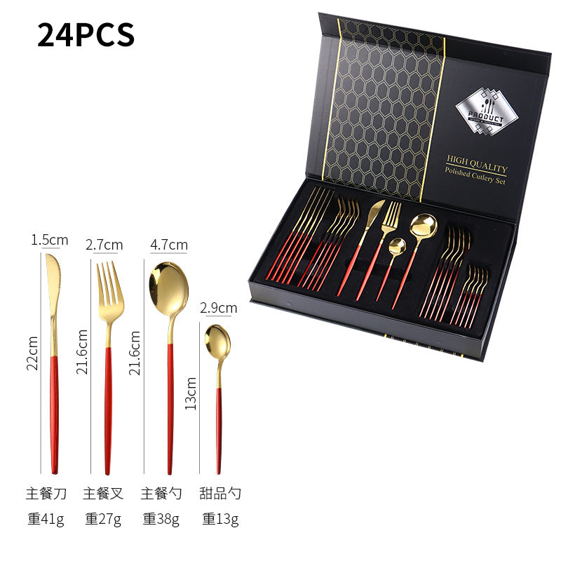 Hot-selling Portuguese Stainless Steel Tableware24Set of Western Dining gold Steak Knife Fork Spoon Gift Box Set