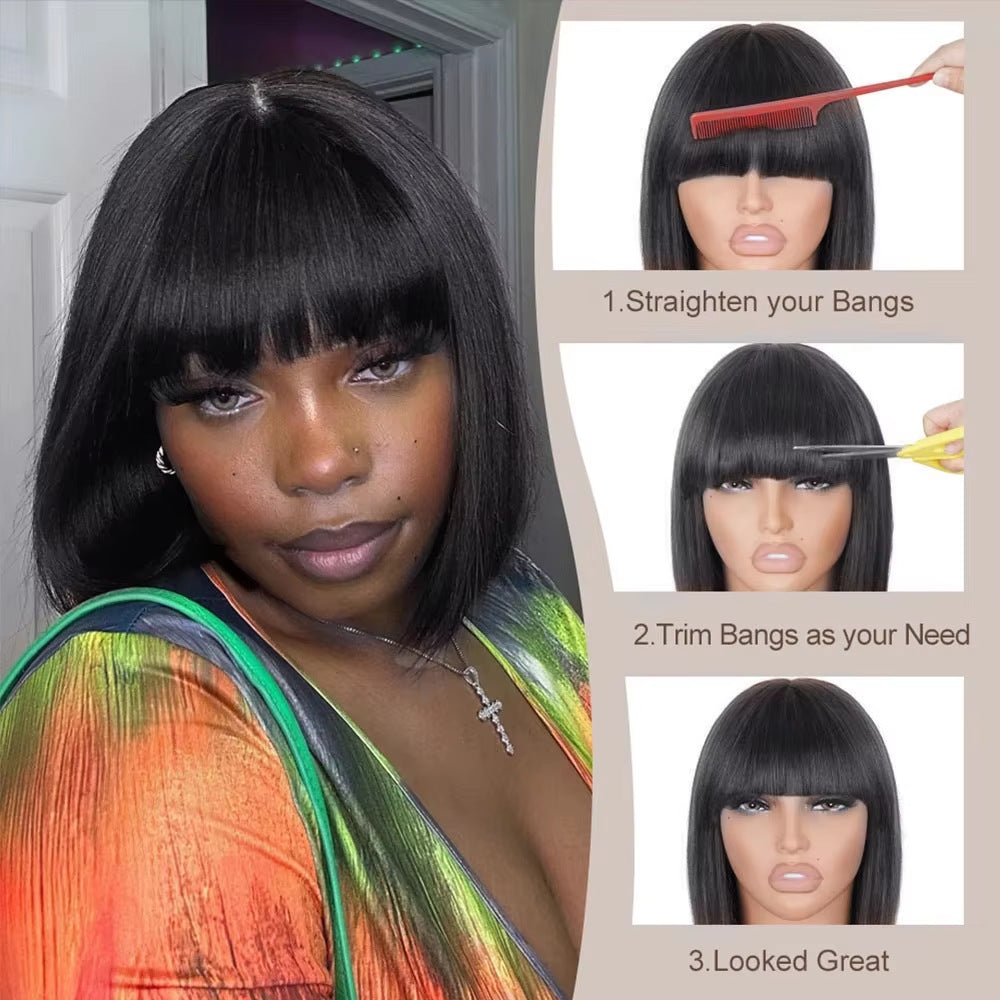 180 % Density 3*1 Lace Human Hair Bob Wig with Bangs Fringes
