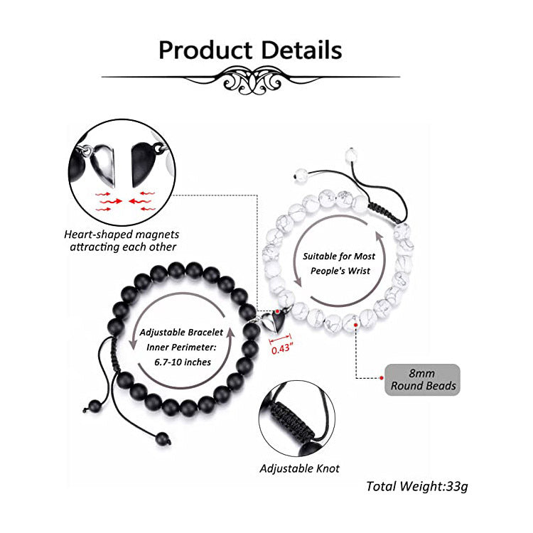 Heart-shaped Woven White Pine Matte Bracelet Natural Stone Beaded Couple Heart Magnetic Clasp Woven Bracelet