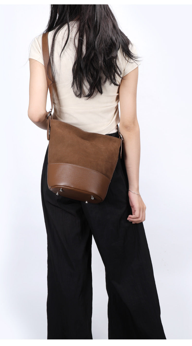 European and American Style Matte Single Shoulder Crossbody Bag for Women, Large Capacity Genuine Leather Fashion Versatile Color-Block Handbag Bucket Bag Underarm Bag for Women