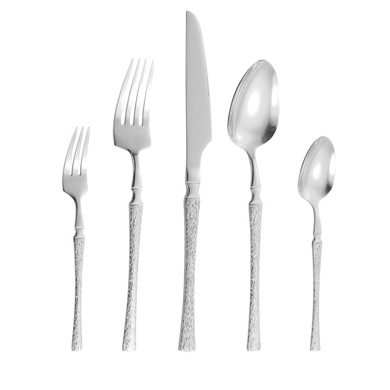 410Stainless Steel Cutlery Hotel Restaurant Hammered Knife Fork Spoon Set Western Small Waist Bark Pattern Steak Knife Fork