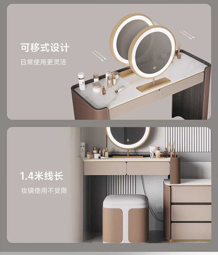 Italian Minimalist Saddle Leather Solid Wood Dressing Table Small Apartment Rock Board Makeup Table Chest of Drawers Integrated Bedroom Makeup Table