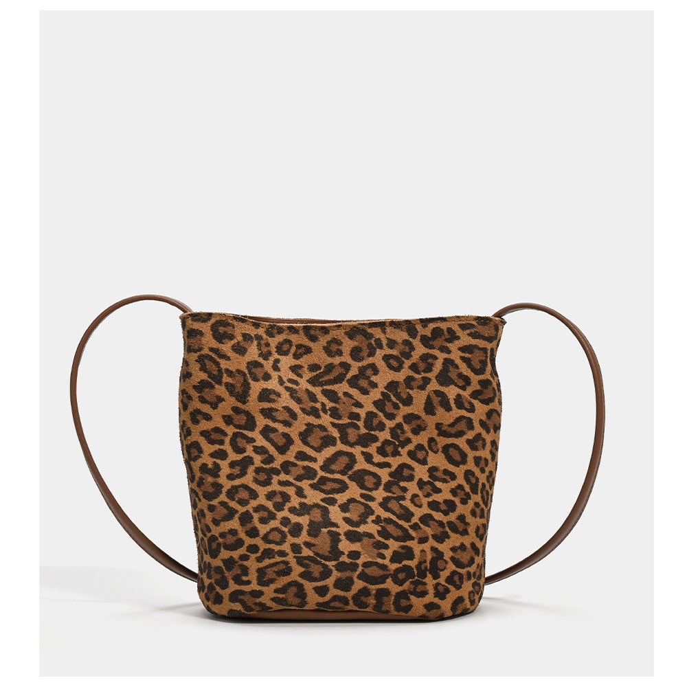 Leopard Print Genuine Leather Bucket Bag Niche Women's Bag Autumn Winter New Versatile High-end Soft Cowhide Single Shoulder Crossbody Bag