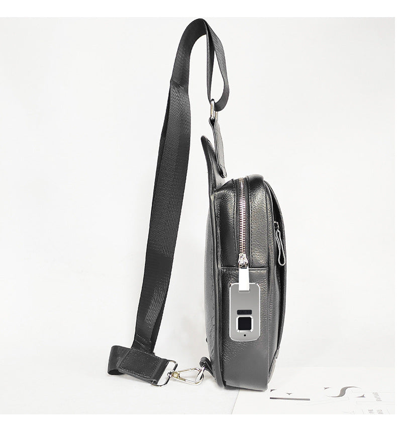 Niche Bag Fingerprint Unlock Men's Top Layer Cowhide Single Shoulder Crossbody Backpack High-End Chest Genuine Leather Chest Bag