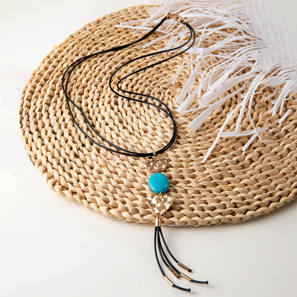 European and American Retro Turquoise Pendant Sweater Chain Design Heart-shaped Women's Autumn Winter Long Tassel Y Type Necklace