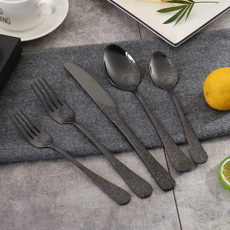 Vintage Pattern National Trend Stainless Steel Cutlery Set Five-Piece Set Western Steak Knife Fork Spoon Dessert Spoon Fork