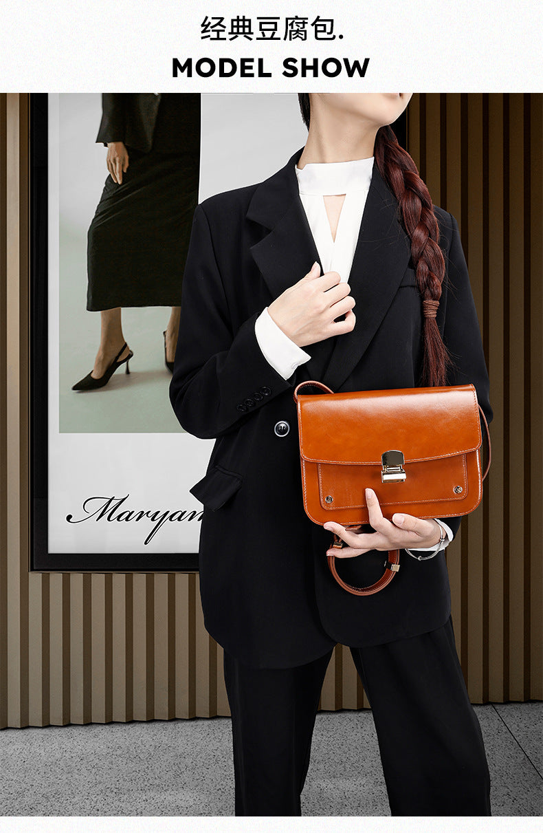 Melard Style Design Top Layer Cowhide Tofu Single Handle Bag Fashion Women's Bag Single Shoulder Crossbody Bag Niche Small Square Bag