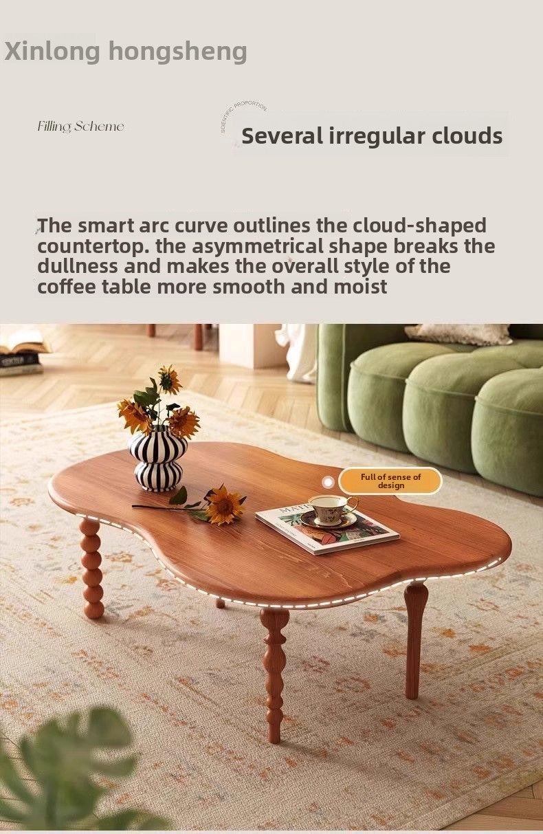 2025New Small Apartment Living Room Home Coffee Table Vintage Solid Wood Walnut French Light Luxury Irregular Shape Low Dining Table
