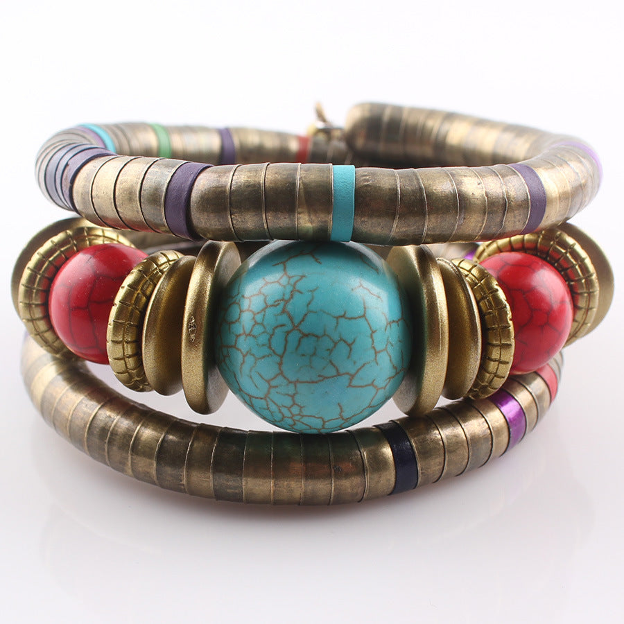 European and American Three-Circle Bracelet Creative Spacer Bead Elastic Snake Bone Bracelet Women's Layered Multi-Layer Bracelet