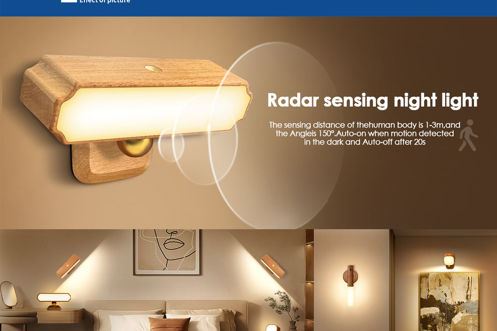 Solid Wood Wall Lamp Human Body Sensing Wireless Reading Wall Lamp Magnetic Night Light Desktop Warm Light Suitable for Staircase Corridor