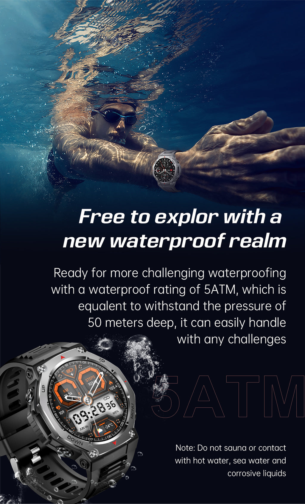 KT85Smart Watch Bluetooth Call True Heart Rate Step Count Sleep Monitoring Flashlight Deep Waterproof Sports Three-Proof
