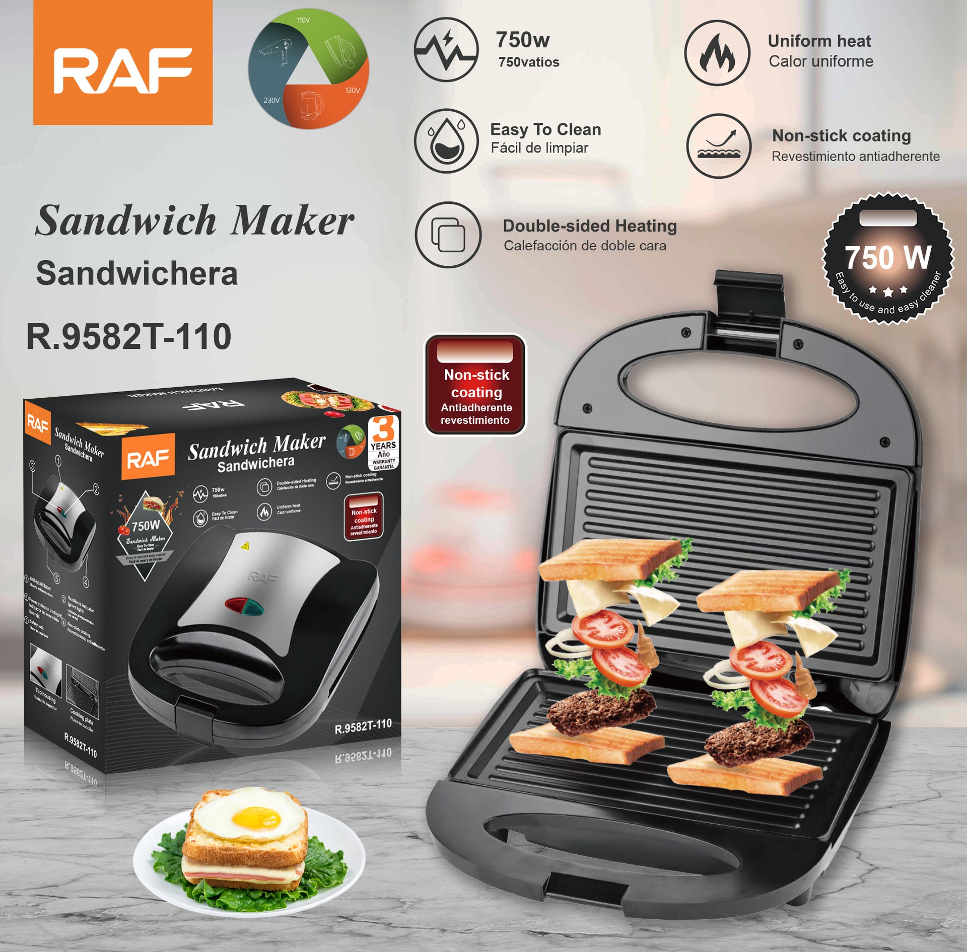 RAF European Standard Household Double-Sided Breakfast Machine Waffle Maker Heating Cake Machine Sandwich Maker Multifunctional Light Food