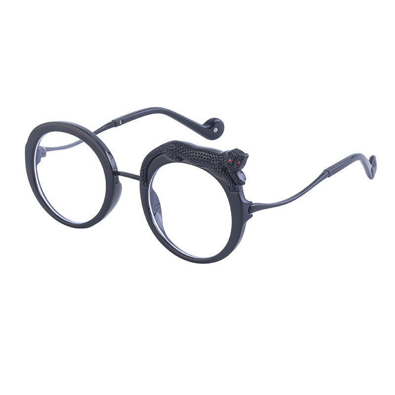 2025New Anti-Blue Light Glasses for Women Leopard Head Diamond-Studded European and American Round Frame Sunglasses Trendy Large Frame Sunglasses High-End Feel