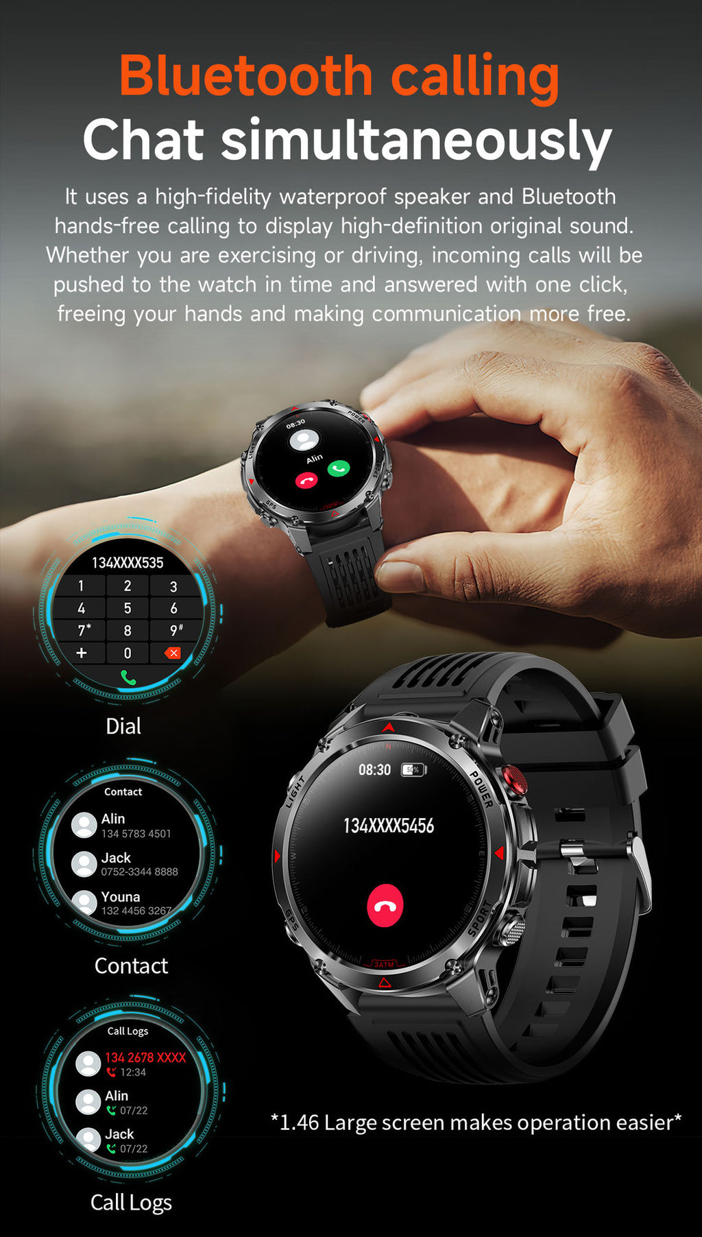 HT37Smart Watch1.46inch Bluetooth Call Heart Rate Pedometer GPS Beidou Positioning Three-Proof Sports Track