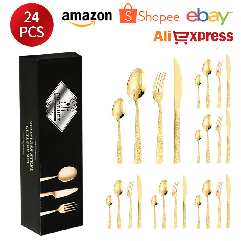 410Stainless Steel Tableware Hotel Restaurant Totem Knife Fork Spoon Set Vintage Pattern Western Steak Knife Fork