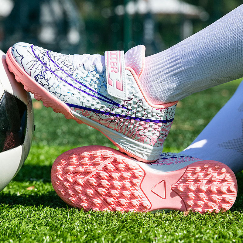 New Football Shoes for Men and Women, Children's Low-top Anti-collision Spike Magic Tape No-tie Grass Training Sports Shoes