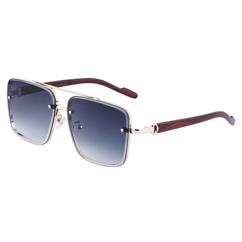 European and American Style Square Frame Cut Edge Sunglasses for Men with Imitation Wood Grain Temples, Men's Trendy Wholesale sunglass