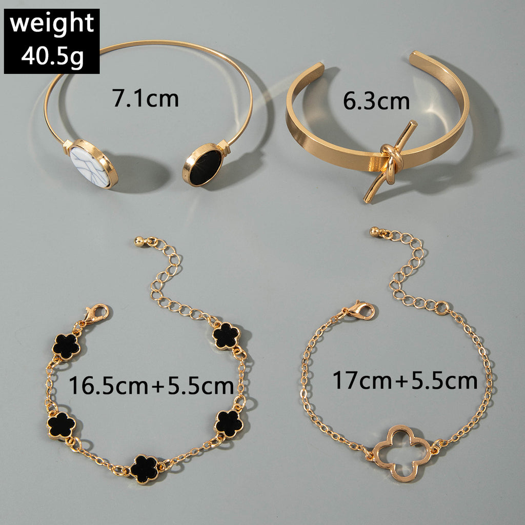 European and American Fashion Alloy Inlaid Diamond Five-Leaf Clover Bracelet Jewelry Three-Piece Set Simple Geometric Smooth Bracelet Wholesale