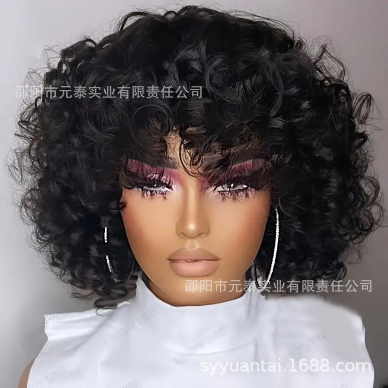 Bouncy Curly Human Hair Wig With Bangs Curly Synthetic Wigs