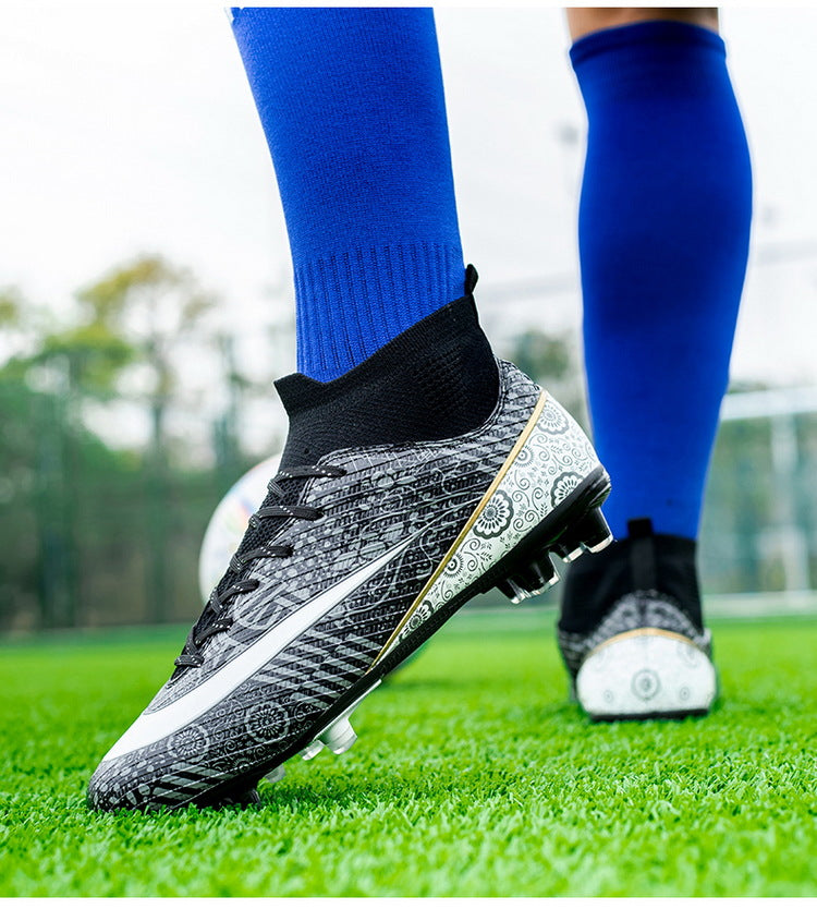 World Cup Same Style Blue and White Porcelain High-top Soccer Shoes for Men and Women, Children and Youth Competition Training Shoes