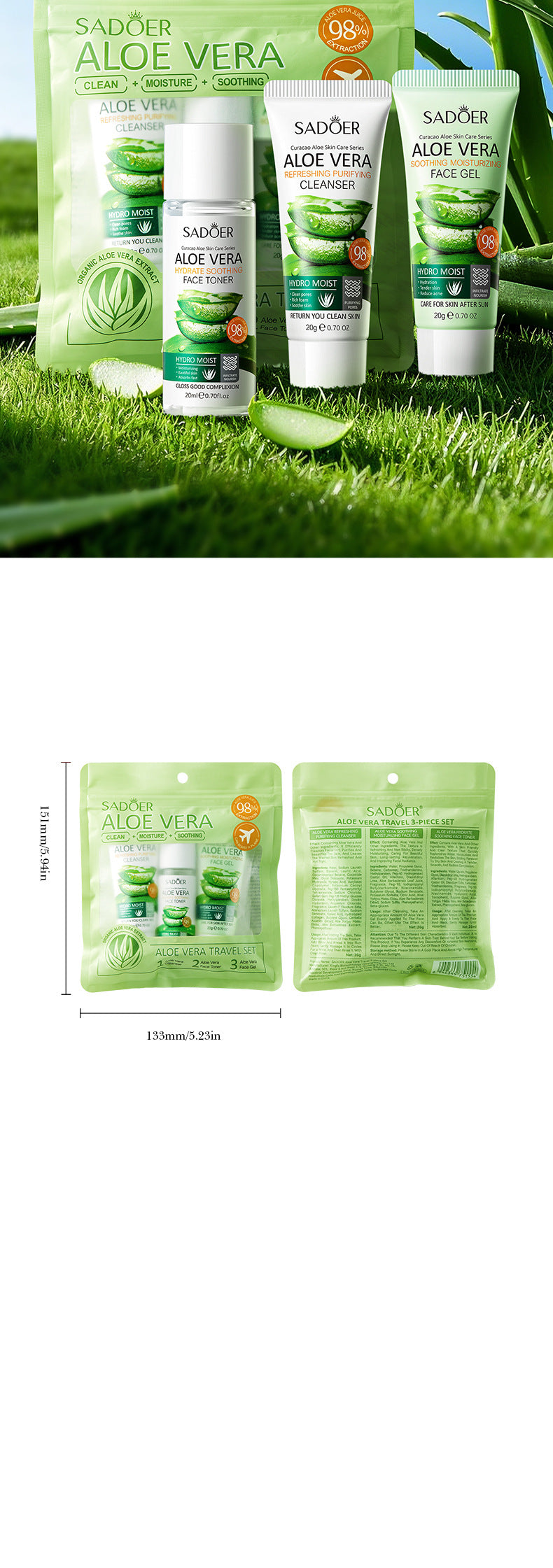 Aloe Vera Travel Three-Piece Set SADOER Aloe Vera Gel Toner Facial Cleanser  Wholesale