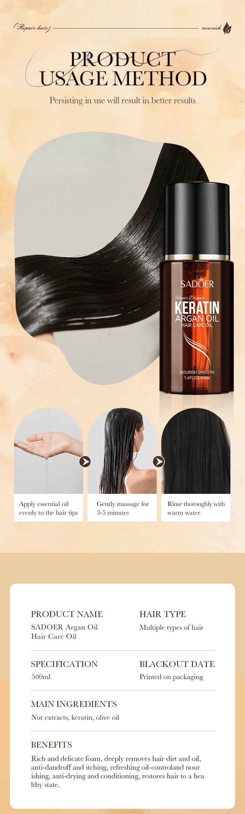 Nut Oil Hair Care Essential Oil80mlSADOER Smooth and Frizz-Reducing Conditioner  Wholesale