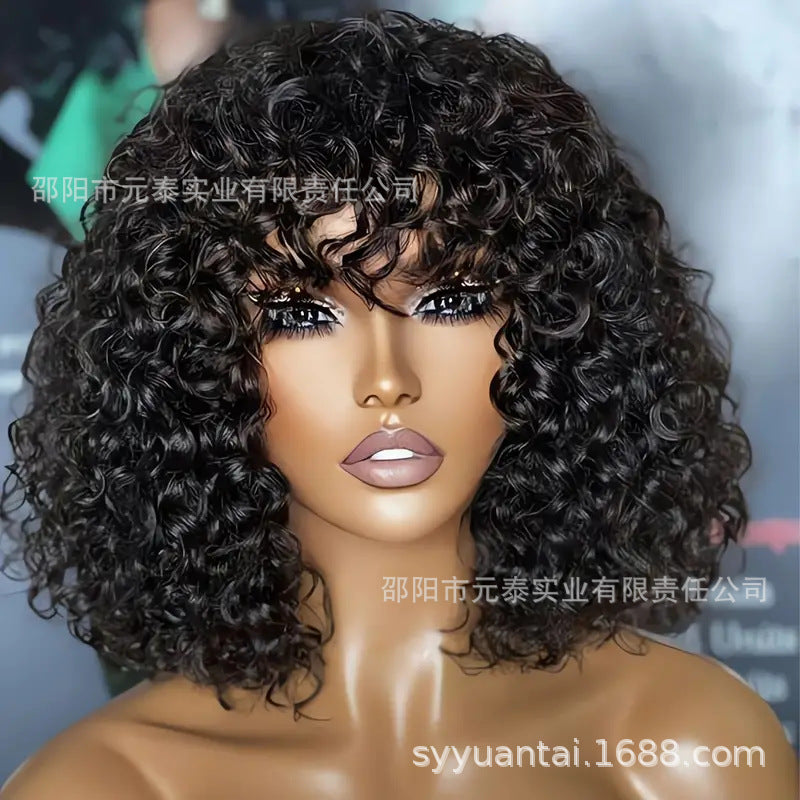 Bouncy Curly Human Hair Wig With Bangs Curly Synthetic Wigs