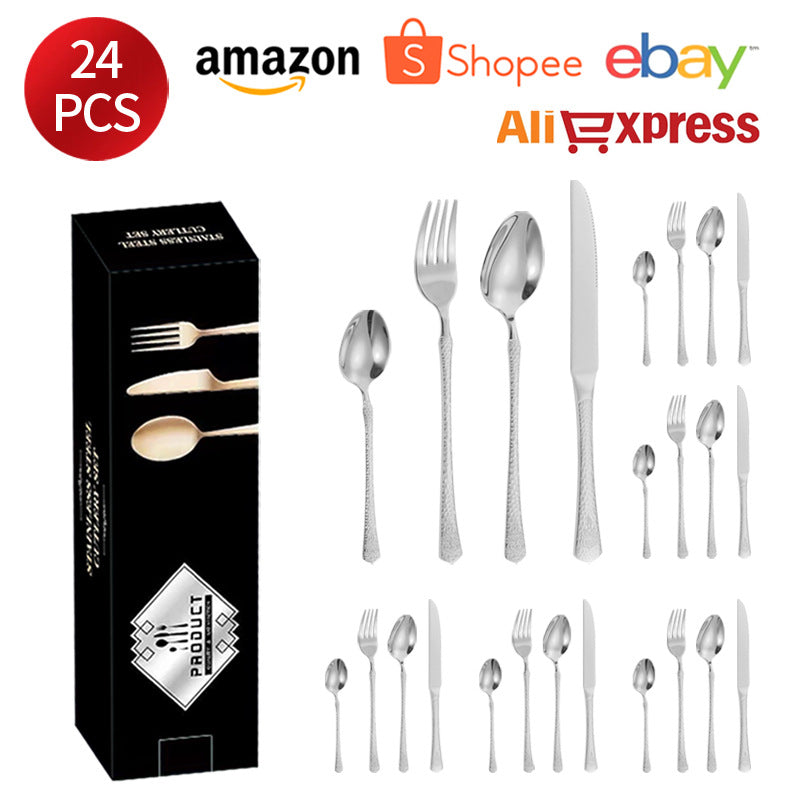 Stainless Steel Tableware Hotel Restaurant Crown Hammered Knife Fork Spoon24Set of Western Steak Knives and Forks