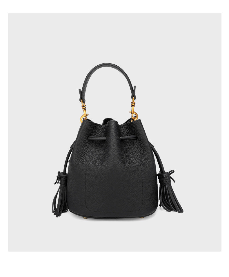 European and American First Layer Cowhide Women's New Genuine Leather Handbag Trendy Bucket Bag Tassel Niche Drawstring Shoulder Crossbody Bag
