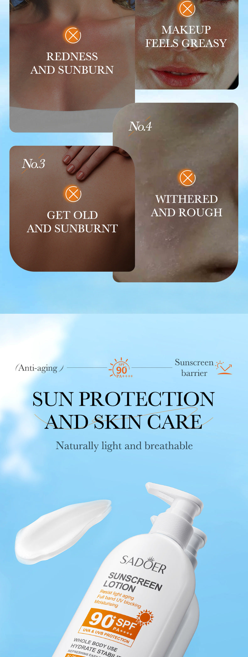Sunscreen SADOER Clear Anti-Aging Refreshing UV Protection Sunscreen Lotion  Wholesale