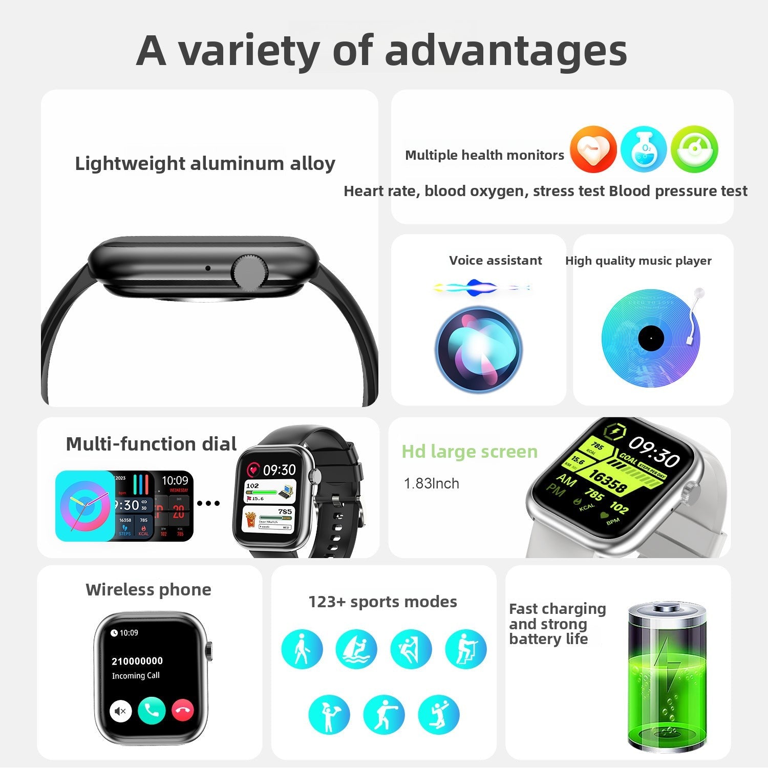 G104Smart Watch1.83inch Bluetooth Call True Heart Rate Pedometer Sleep Stress Monitoring Sports Watch