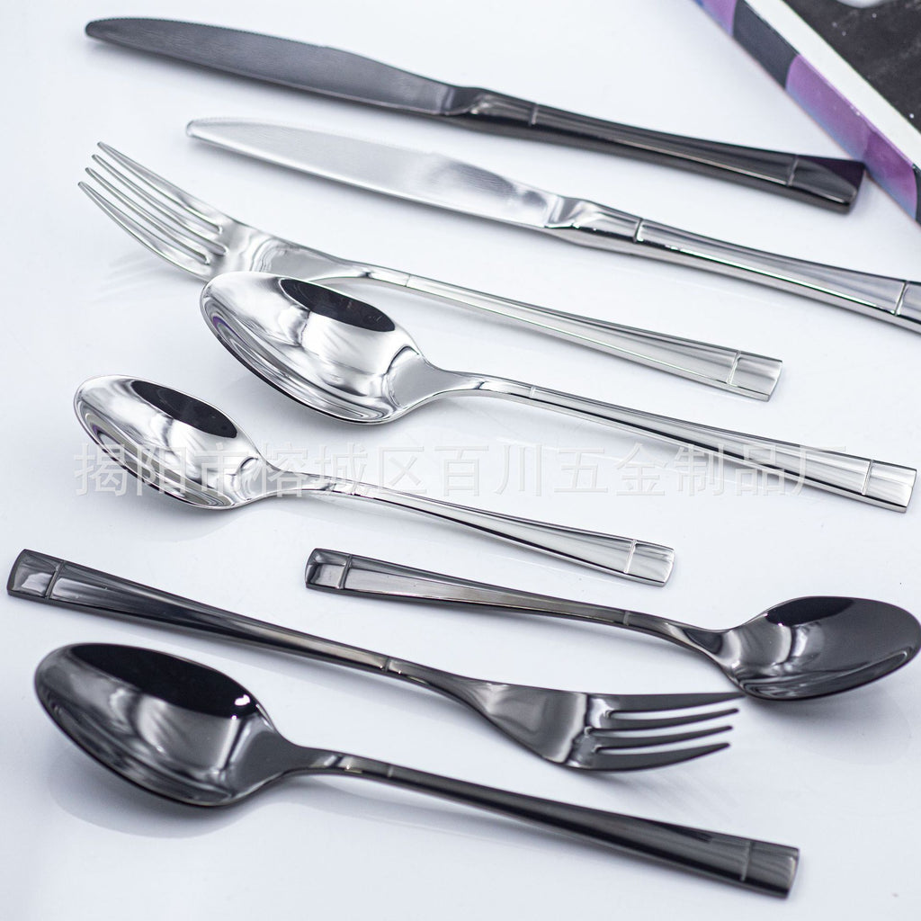 304Stainless Steel Cutlery Set Western Spoon Fork Four-Piece Set Titanium-Plated Square Handle Steak Knife Fork Spoon Gift Set