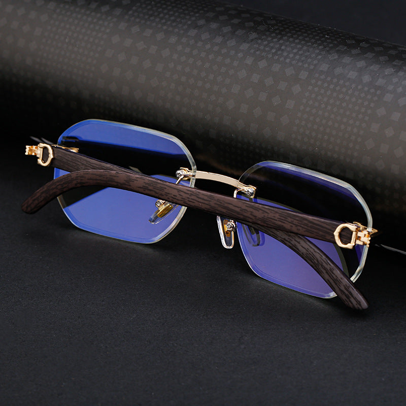 【Customization】Diamond Cut Rimless Glasses for Men, European and American Retro Style, Imitation Wood Grain Temple Sunglasses, Sun Protection Sunglasses