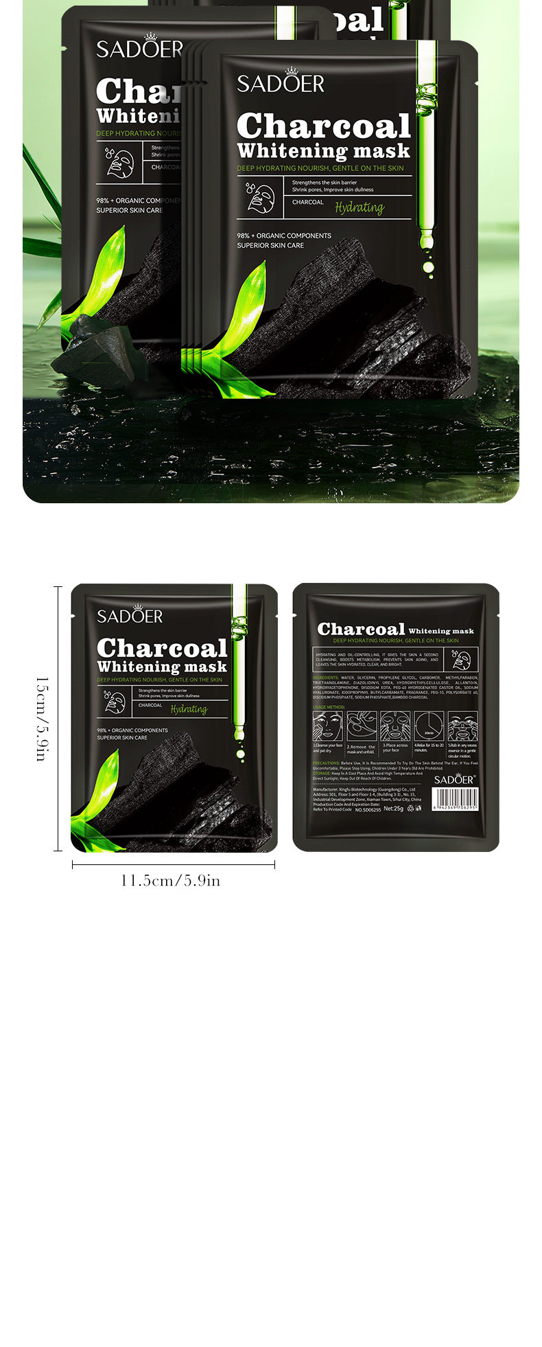Bamboo Charcoal Black Mask SADOER Whitening, hydrating, moisturizing, brightening face mask sheet  wholesale