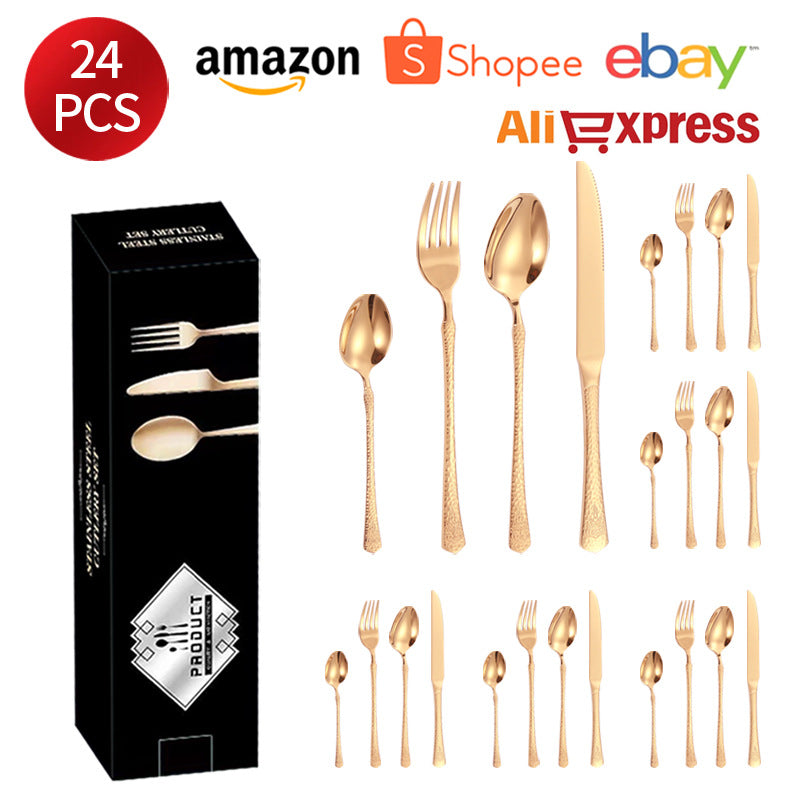 Stainless Steel Tableware Hotel Restaurant Crown Hammered Knife Fork Spoon24Set of Western Steak Knives and Forks