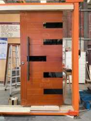 Natural Ash Solid Wood clear Lacquer 3D Irregular Surface Design Modern Front Entry Pivot Door with Long Handle and Smart Lock