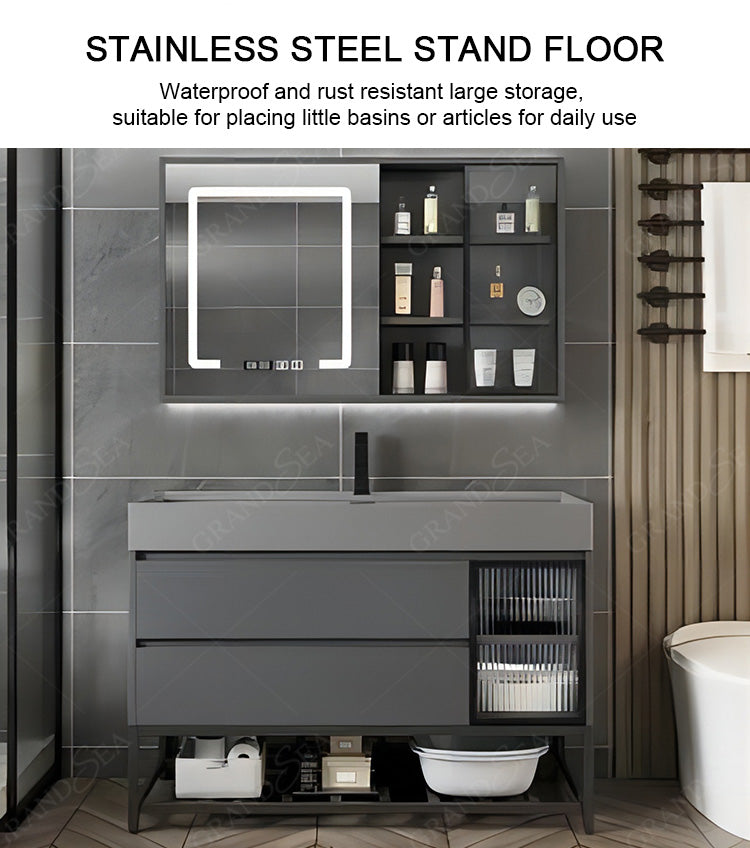 Modern Customizable High Quality Rock Panel LED Mirror Bathroom Sink Cabinet Hotel Corner Triangle Mirror Cabinet Vanity Combo