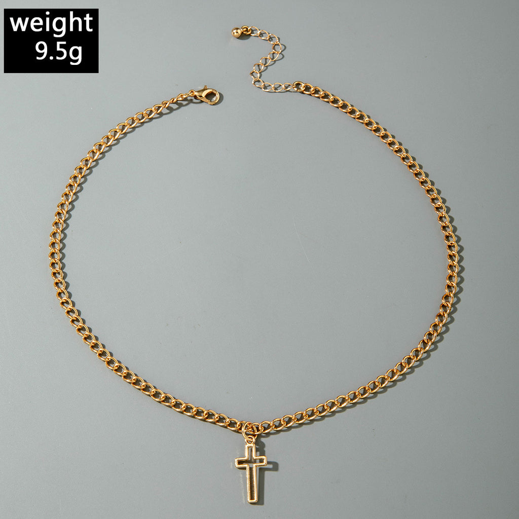 European and American Retro Hollow Diamond Cross Pendant Necklace Gothic Style Black Layered Wear Y Type Necklace