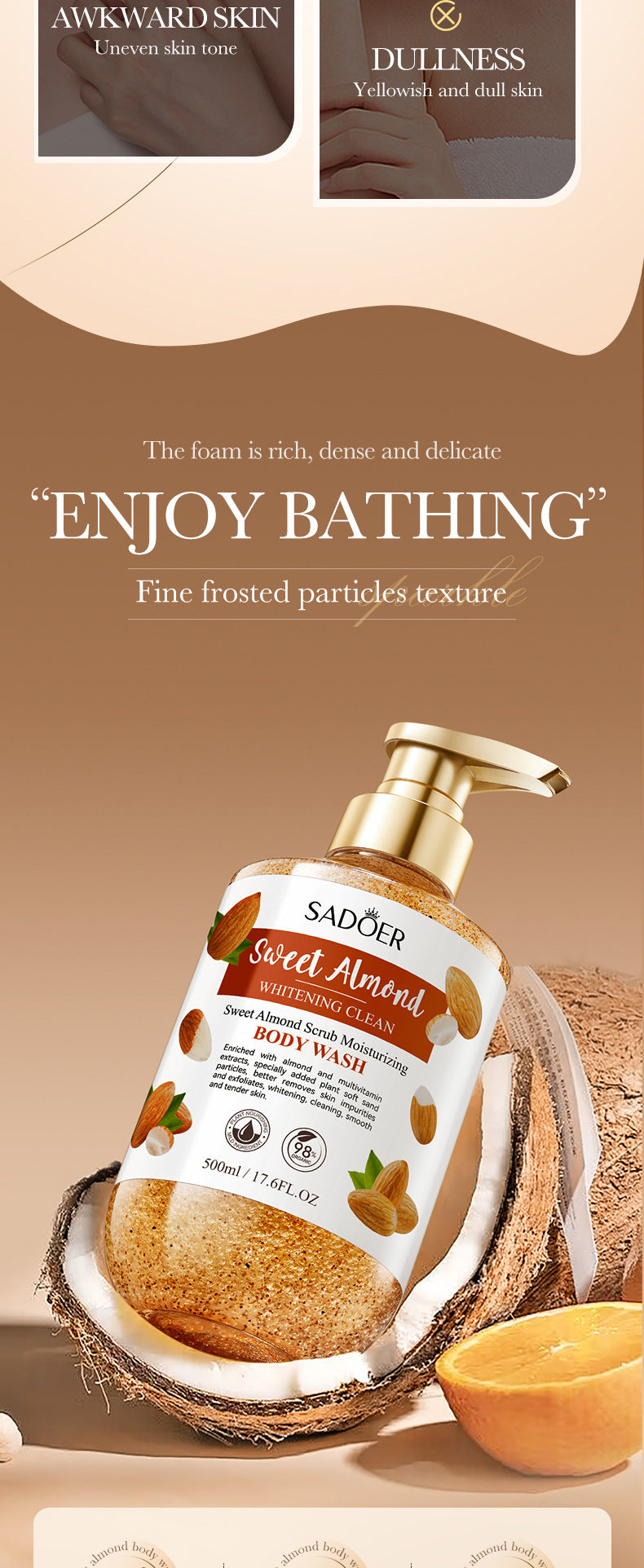 Sweet Almond Whitening Scrub Body Wash500ml SADOER  foreign trade wholesale of cleansing body wash