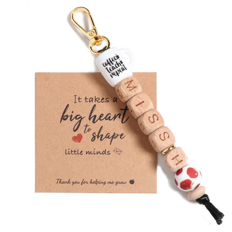 Teacher Appreciation Water Bottle Pendant Thank You Teacher Apple Ornament MISS Letter Square Wooden Bead Keychain Jewelry Accessories