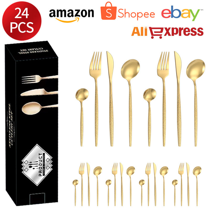 Stainless Steel Cutlery Western Knife Fork Spoon Restaurant Steak Knife Fork Hammer Pattern Portugal24Set