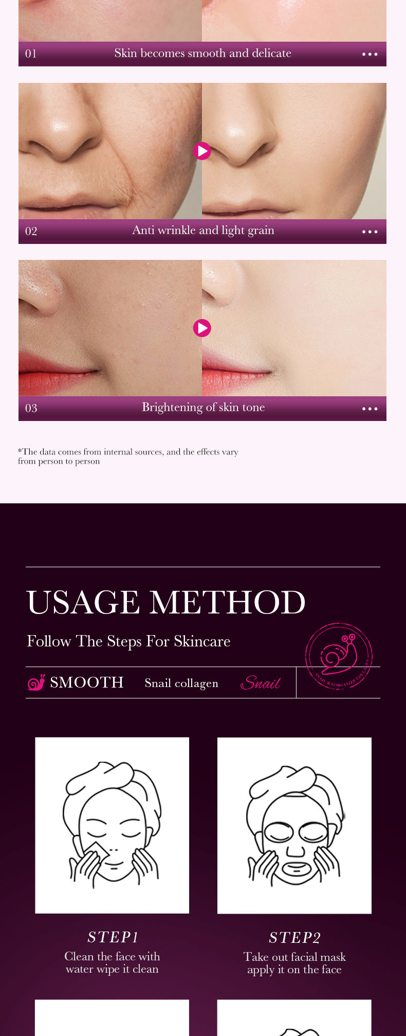 Snail Face Mask25g SADOER Collagen Hydrating Moisturizing Tablets  Wholesale