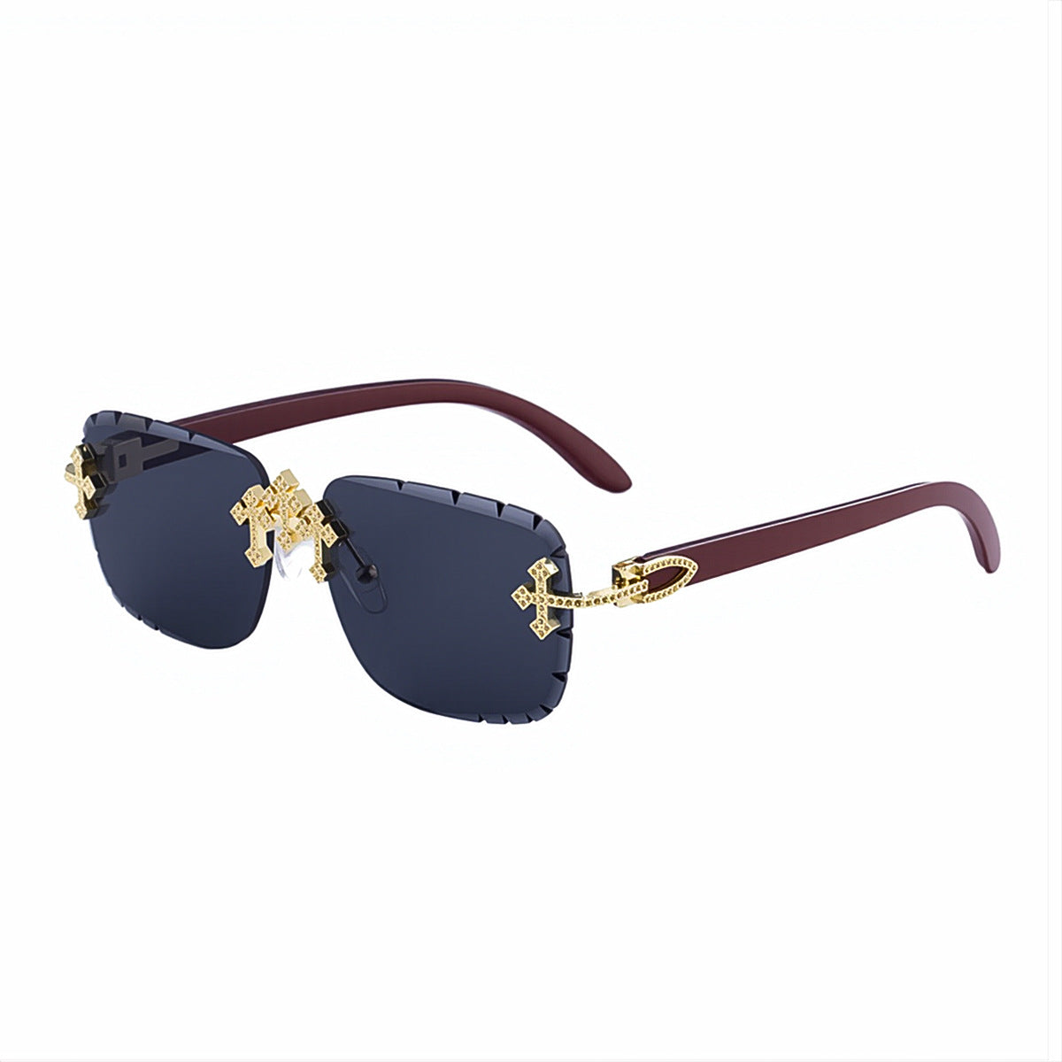 2025New European and American Retro Frameless Sunglasses for Men with Diamond Cut Edge and Imitation Wood Grain Temples Wholesale