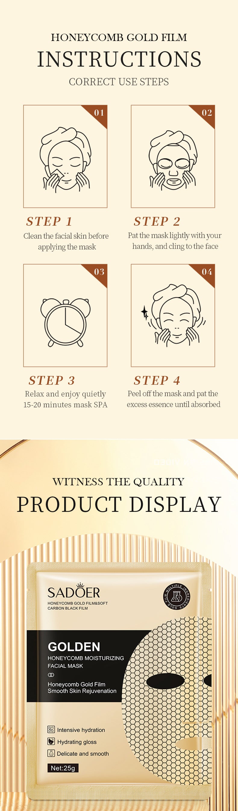 Gold Mask SADOER Golden Honeycomb Mask Sheet Pack Moisture replenishment  Foreign Trade Wholesale